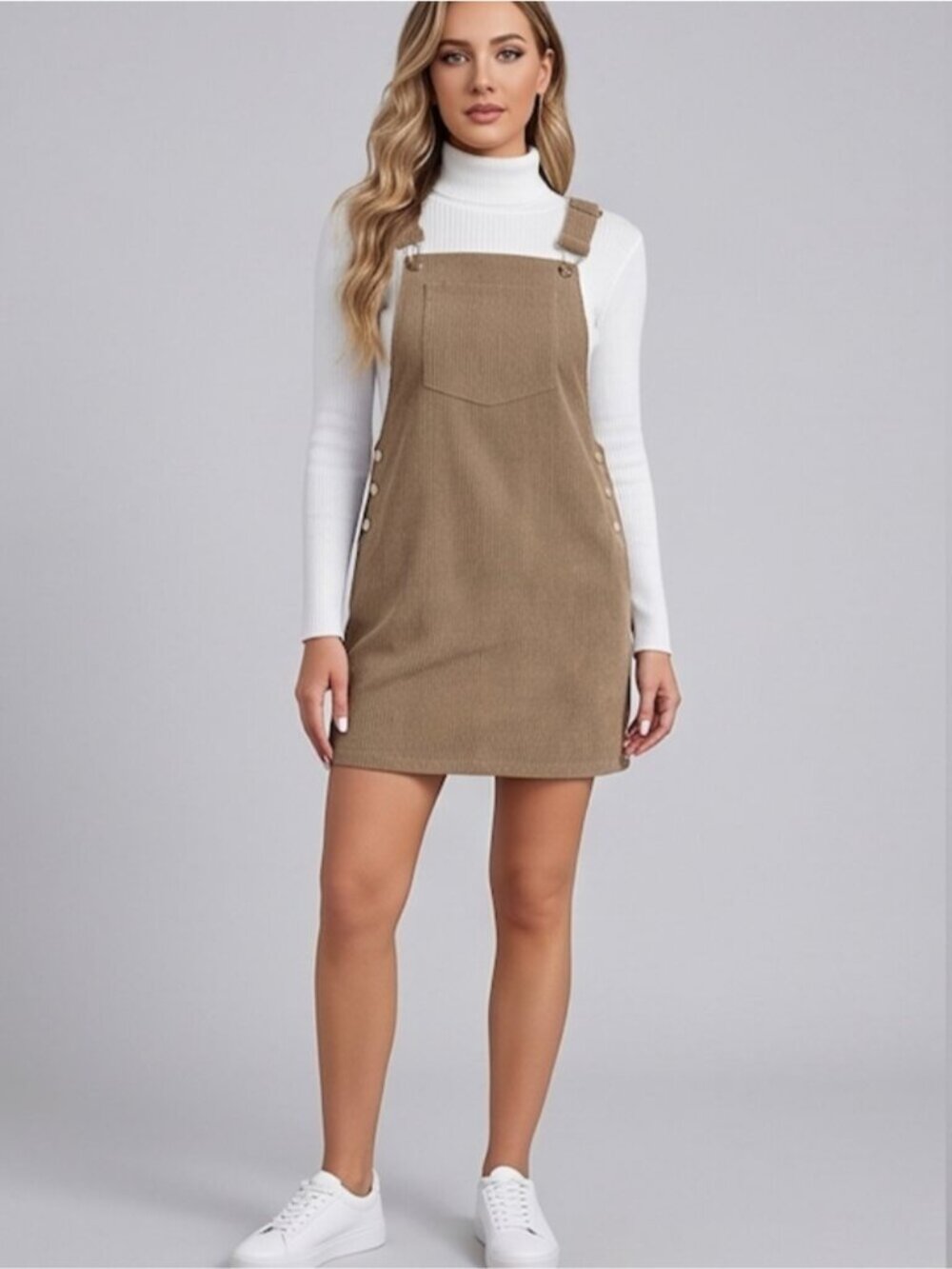 Brown Pocket Patched Corduroy Overall Dress